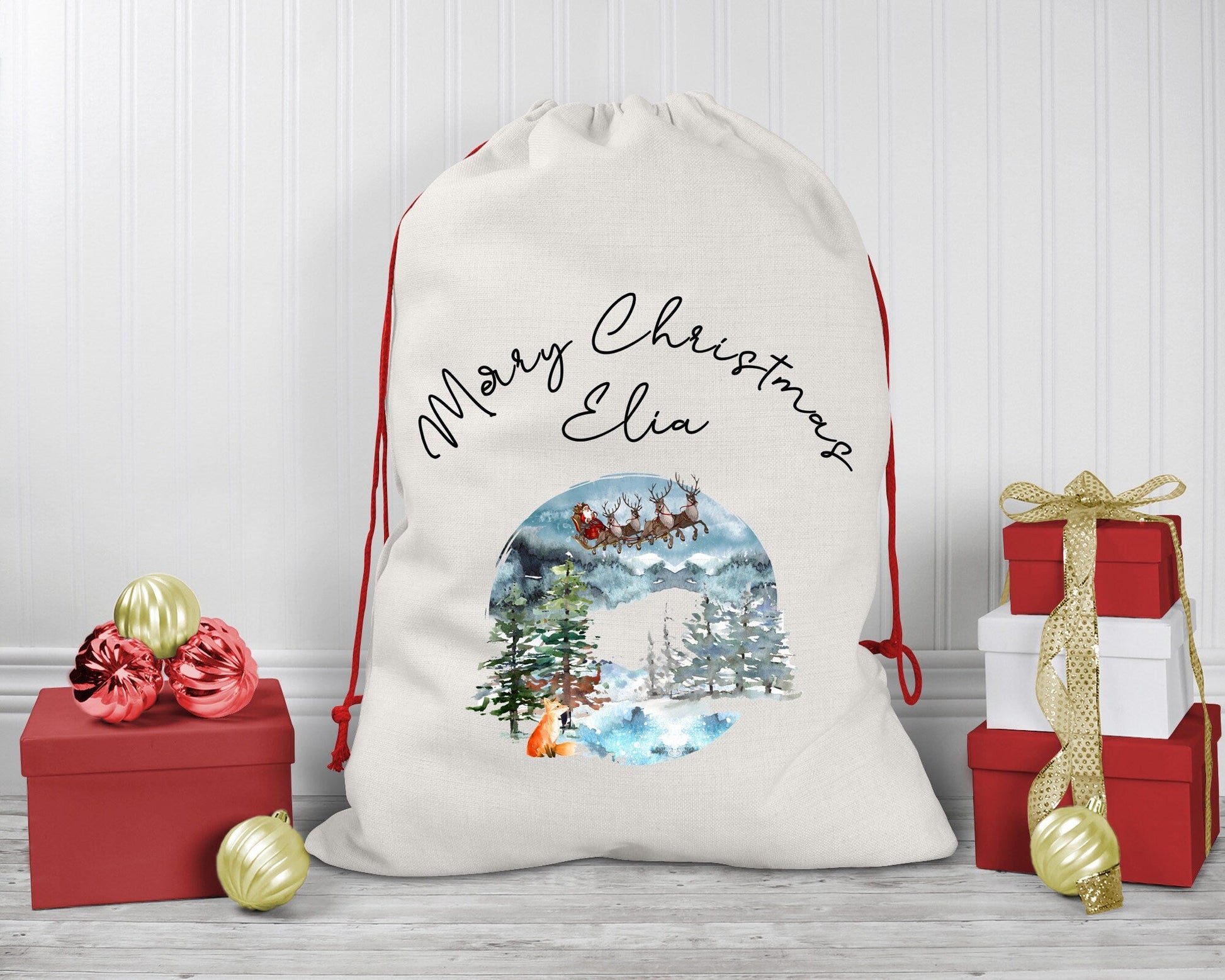 Large Personalised Woodland Santa's Sleigh Christmas Gift Sack - Resplendent Aurora