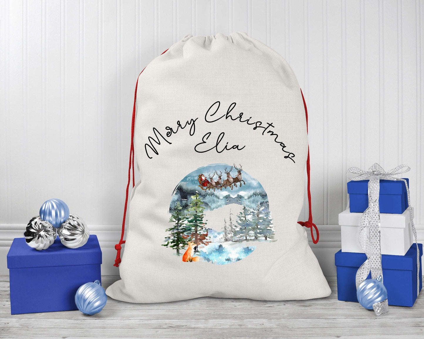Large Personalised Woodland Santa's Sleigh Christmas Gift Sack - Resplendent Aurora