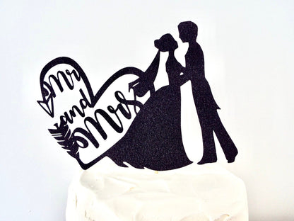 Resplendent Aurora | Mr & Mrs Bride and Groom Heart Arrow wedding cake topper