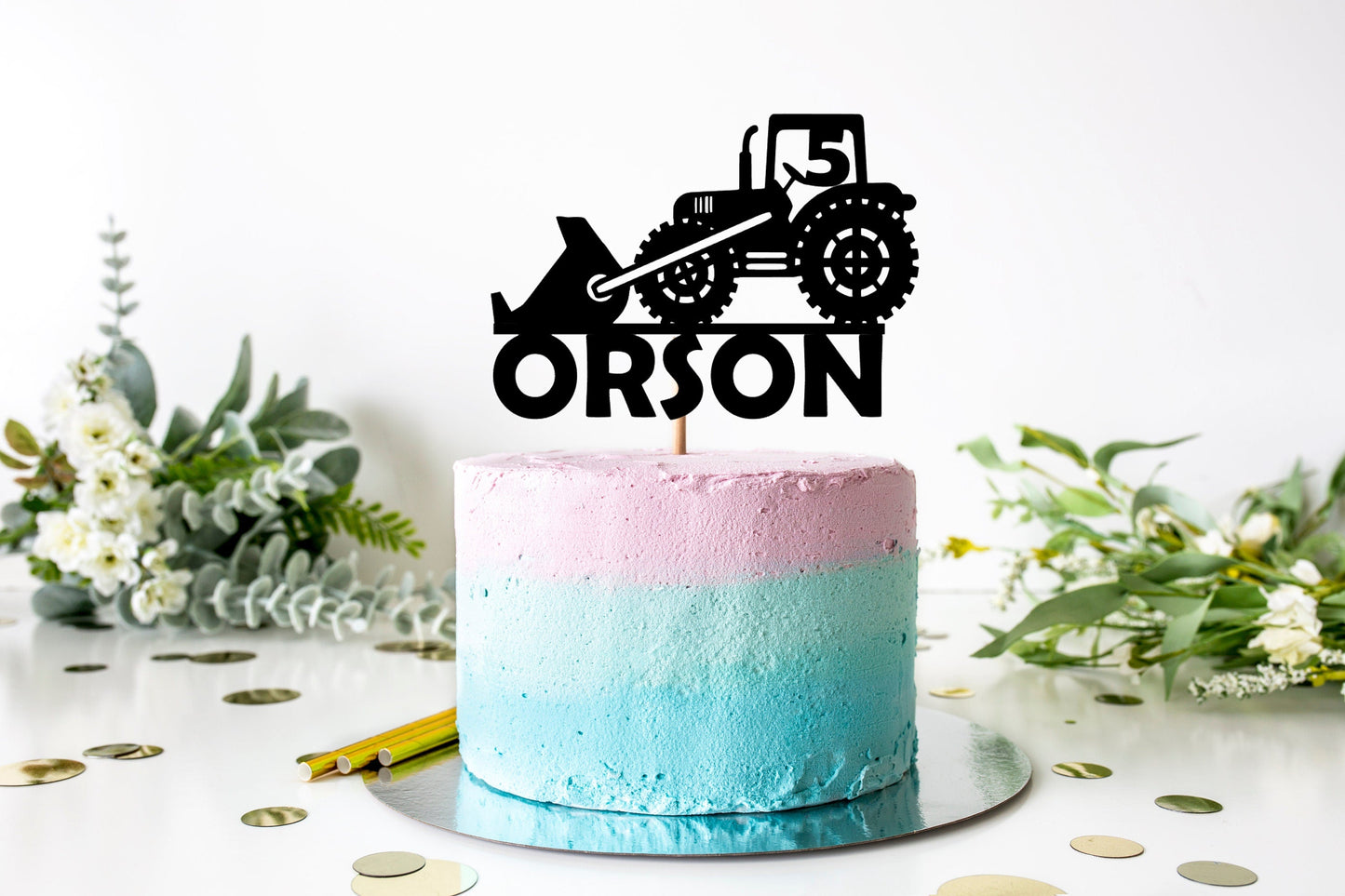 Resplendent Aurora | Personalised Digger Tractor Happy Birthday cake topper