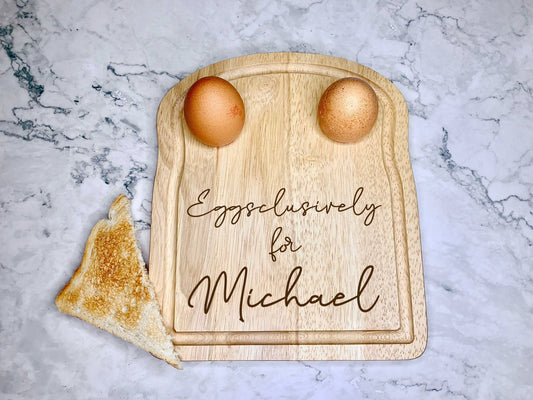 Personalised Eggsclusively Egg Pun Engraved Wooden Egg and Toast Breakfast Board - Resplendent Aurora