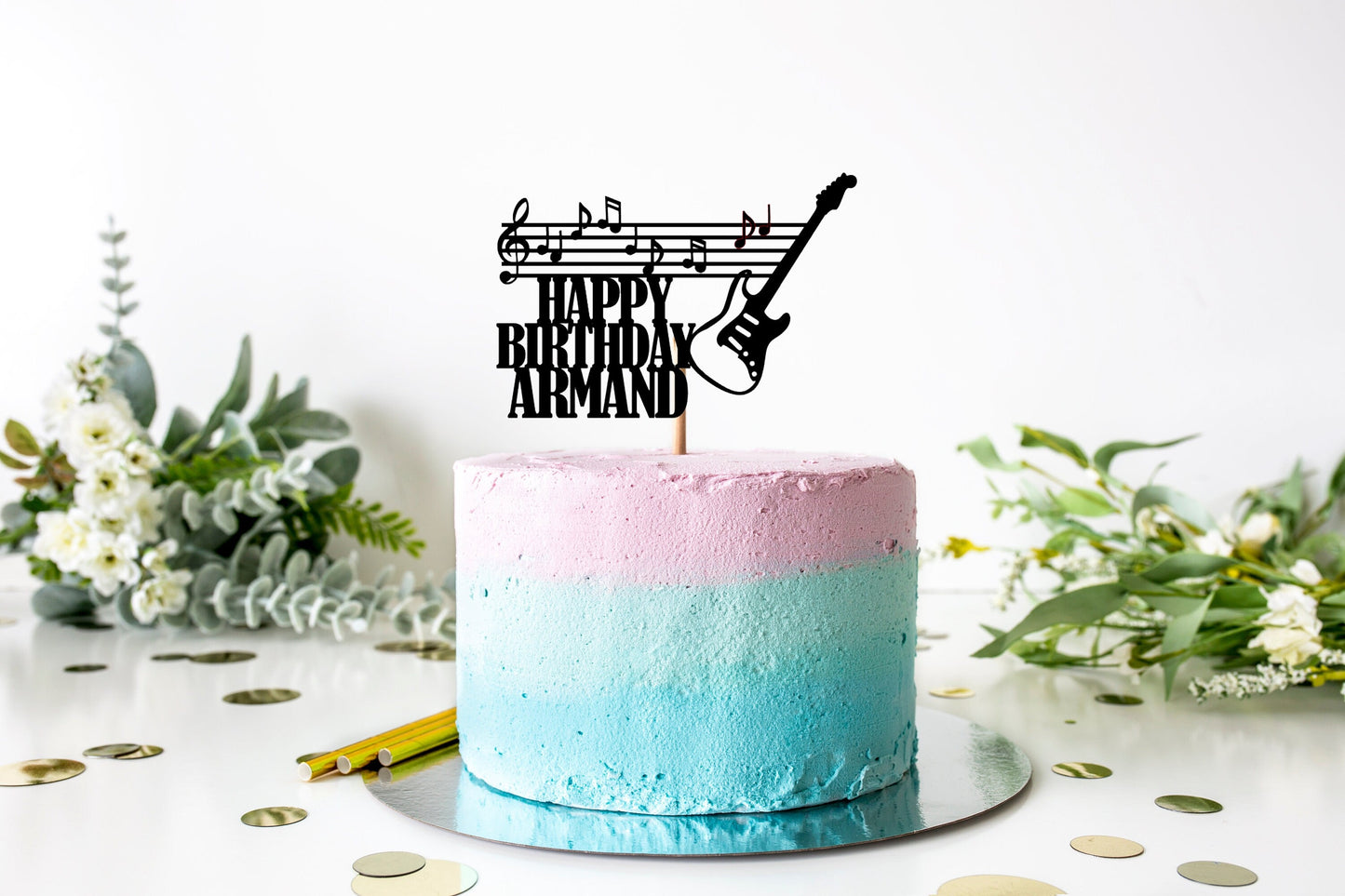 Resplendent Aurora | Personalised Electric Guitar Music Happy Birthday cake topper