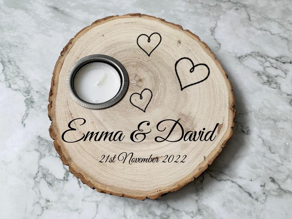 Personalised Engraved Wood Slice Tealight Holder, Wedding Gift with Hearts - Resplendent Aurora