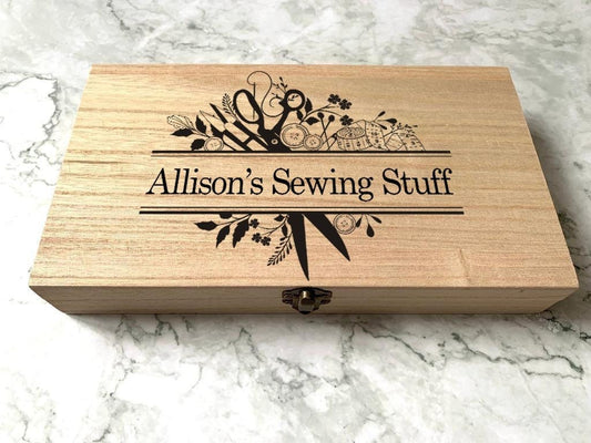 Personalised Engraved Wooden Sewing Box with Scissors, Needle and Thread - Resplendent Aurora
