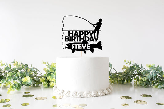 Personalised Fishing Happy Birthday cake topper - Resplendent Aurora