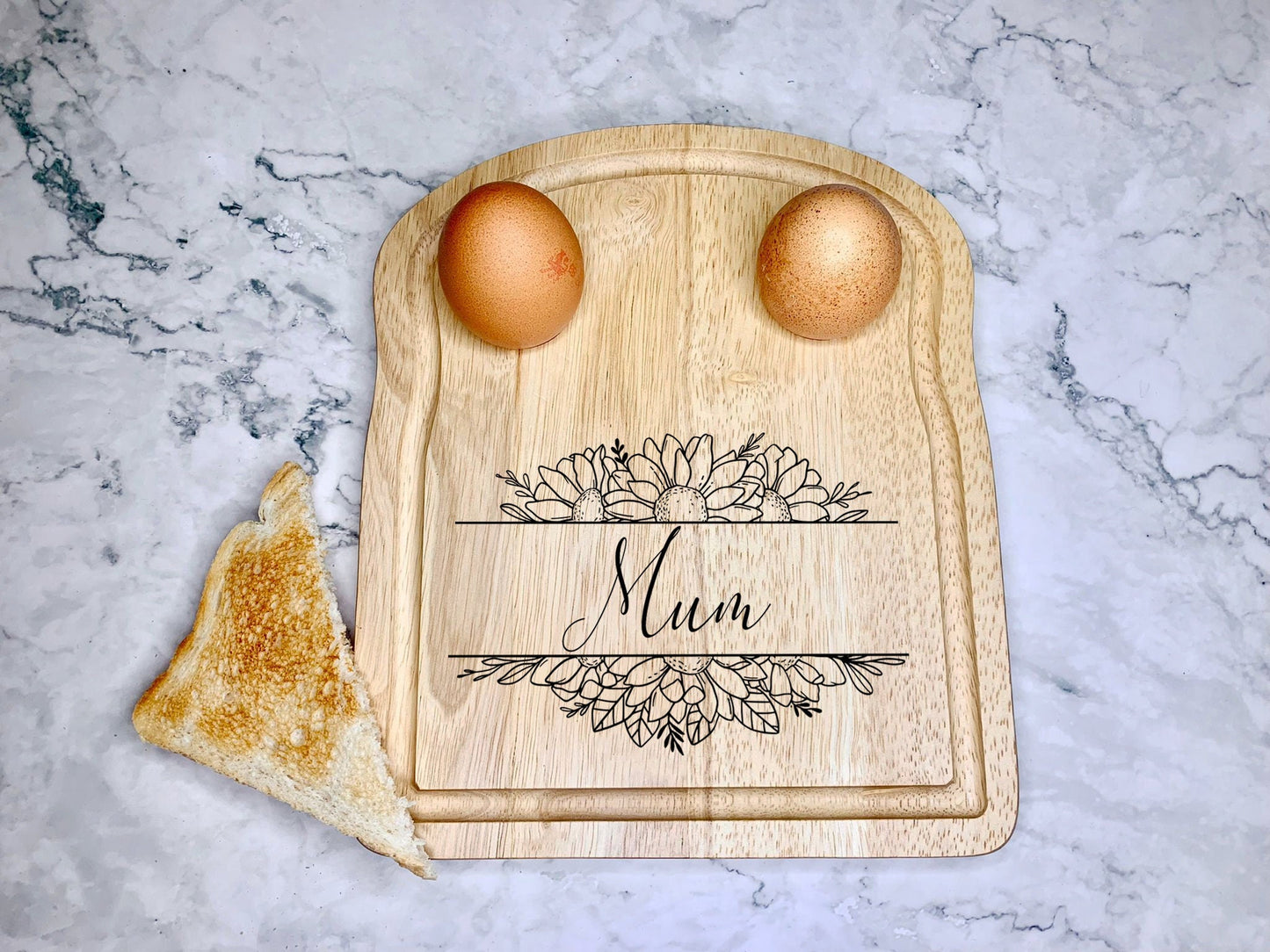 Personalised Floral Engraved Wooden Egg and Toast Breakfast Board with Sunflowers - Resplendent Aurora