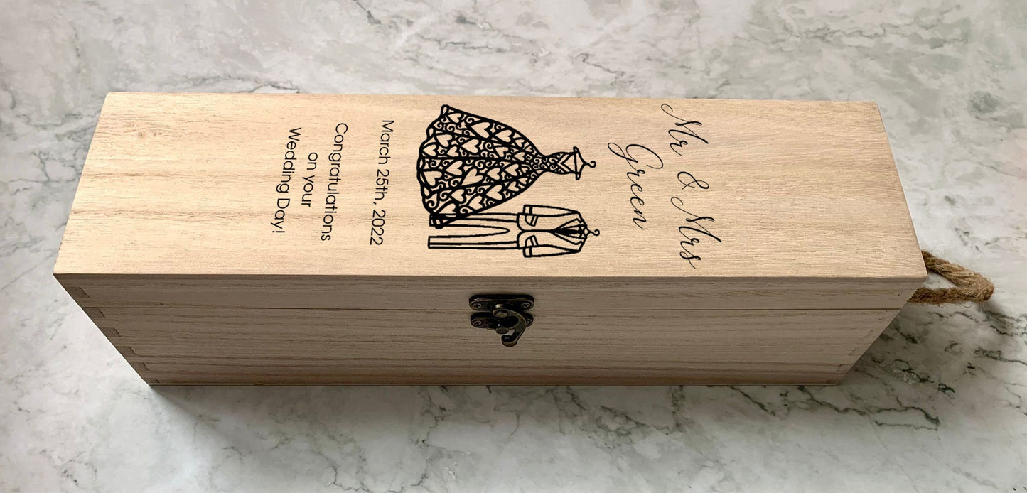 Personalised Mr & Mrs Engraved Wooden Wine Bottle Gift Box with Wedding Dress and Suit - Resplendent Aurora
