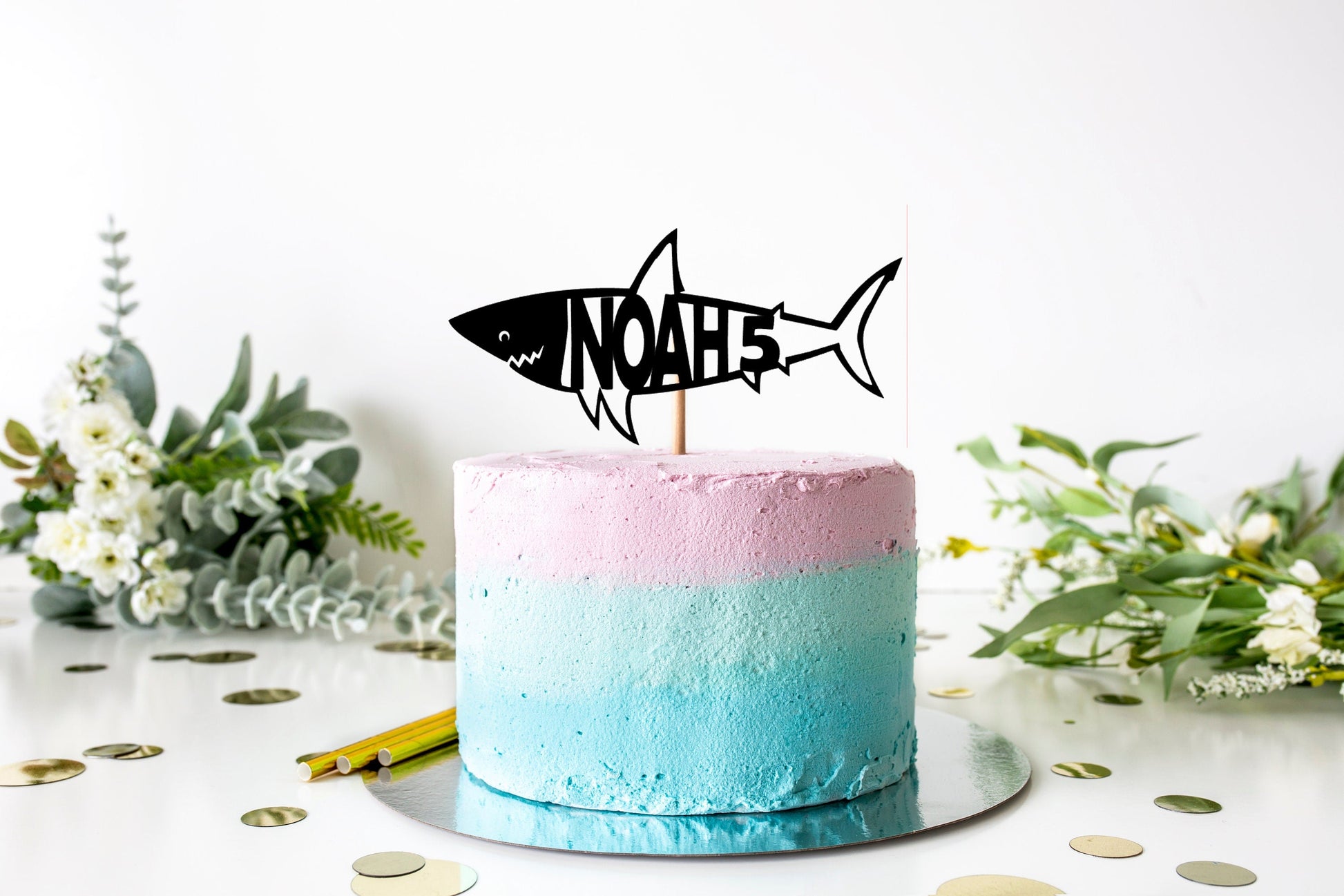 Resplendent Aurora | Personalised Shark Happy Birthday Cake Topper