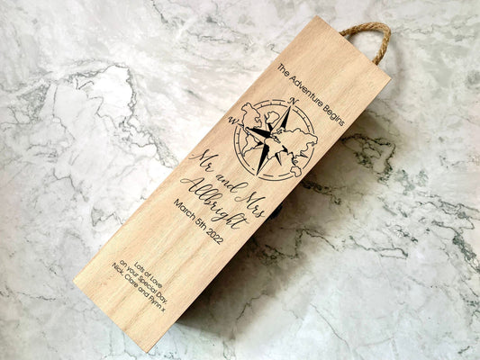 Personalised The Adventure Begins Mr & Mrs Engraved Wooden Wedding Wine Bottle Gift Box - Resplendent Aurora
